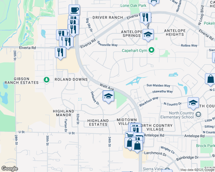 map of restaurants, bars, coffee shops, grocery stores, and more near Watt Ave & Navaho Dr in Sacramento