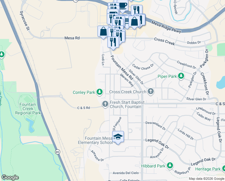 map of restaurants, bars, coffee shops, grocery stores, and more near 2350 Conley Boulevard in Fountain