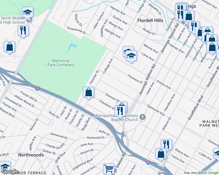 map of restaurants, bars, coffee shops, grocery stores, and more near 7141 Garesche Avenue in Jennings