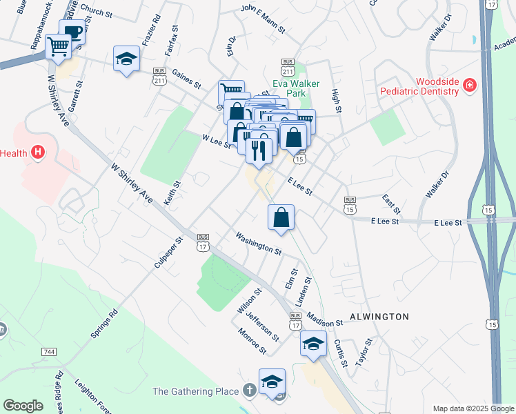map of restaurants, bars, coffee shops, grocery stores, and more near 117 Green Street in Warrenton