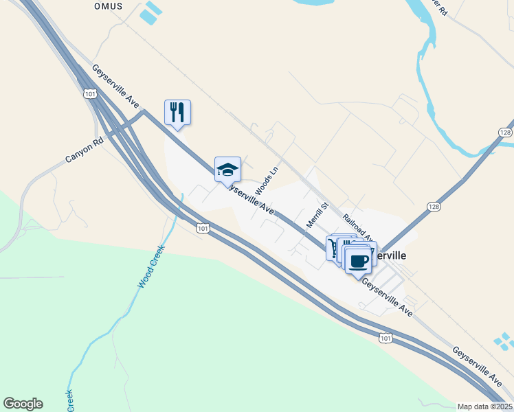 map of restaurants, bars, coffee shops, grocery stores, and more near 21 Woods Lane in Geyserville