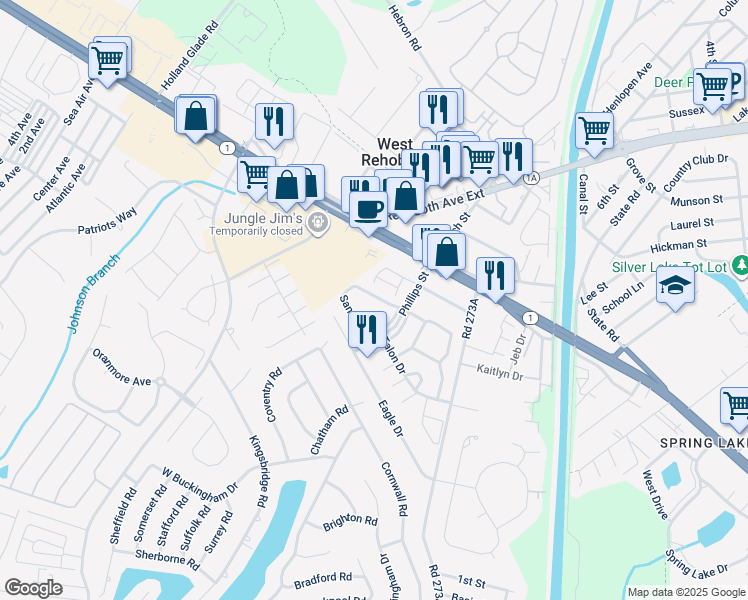 map of restaurants, bars, coffee shops, grocery stores, and more near 3600 Sanibel Circle in Rehoboth Beach
