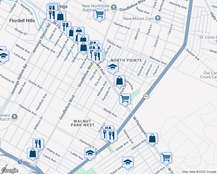 map of restaurants, bars, coffee shops, grocery stores, and more near 5743 Mimika Avenue in St. Louis