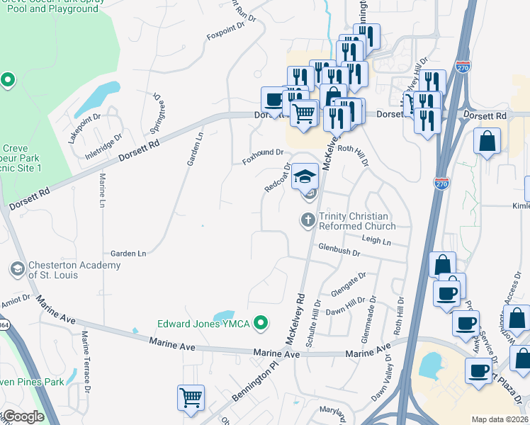 map of restaurants, bars, coffee shops, grocery stores, and more near 1775 Redcoat Drive in Maryland Heights