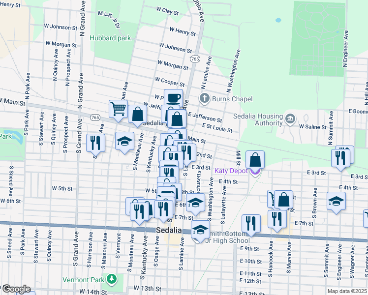 map of restaurants, bars, coffee shops, grocery stores, and more near 122 East Main Street in Sedalia
