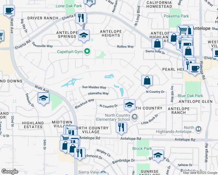 map of restaurants, bars, coffee shops, grocery stores, and more near 3643 Sun Maiden Way in Antelope