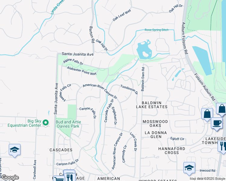 map of restaurants, bars, coffee shops, grocery stores, and more near 5B American River Canyon Drive in Folsom
