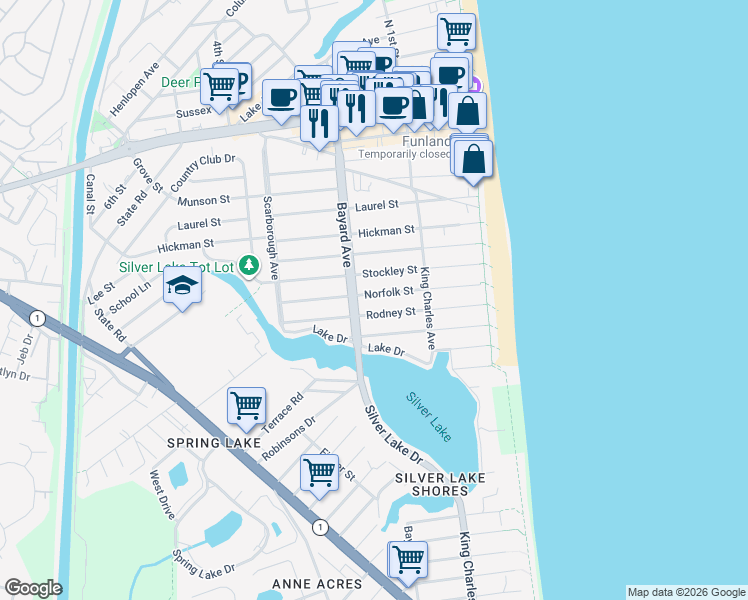 map of restaurants, bars, coffee shops, grocery stores, and more near 110 Stockley Street in Rehoboth Beach