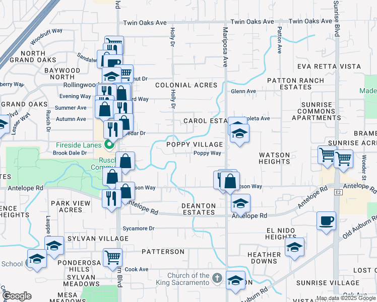 map of restaurants, bars, coffee shops, grocery stores, and more near 7939 Parmis Court in Citrus Heights