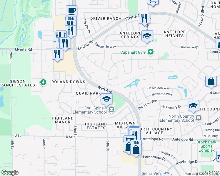 map of restaurants, bars, coffee shops, grocery stores, and more near in Antelope