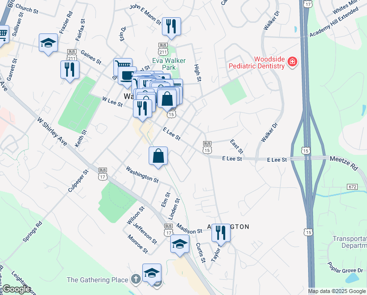 map of restaurants, bars, coffee shops, grocery stores, and more near 56 Leeds Court in Warrenton