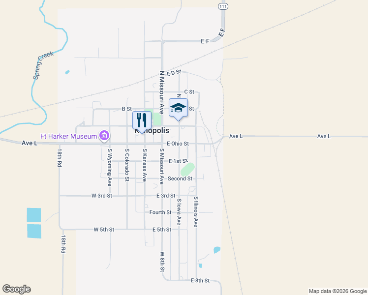 map of restaurants, bars, coffee shops, grocery stores, and more near 301-399 East Ohio Street in Kanopolis