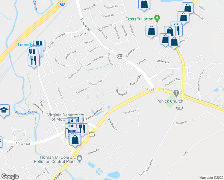 map of restaurants, bars, coffee shops, grocery stores, and more near 7565 Aspenpark Road in Lorton