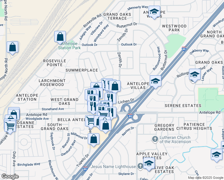 map of restaurants, bars, coffee shops, grocery stores, and more near 7943 Zenith Drive in Citrus Heights