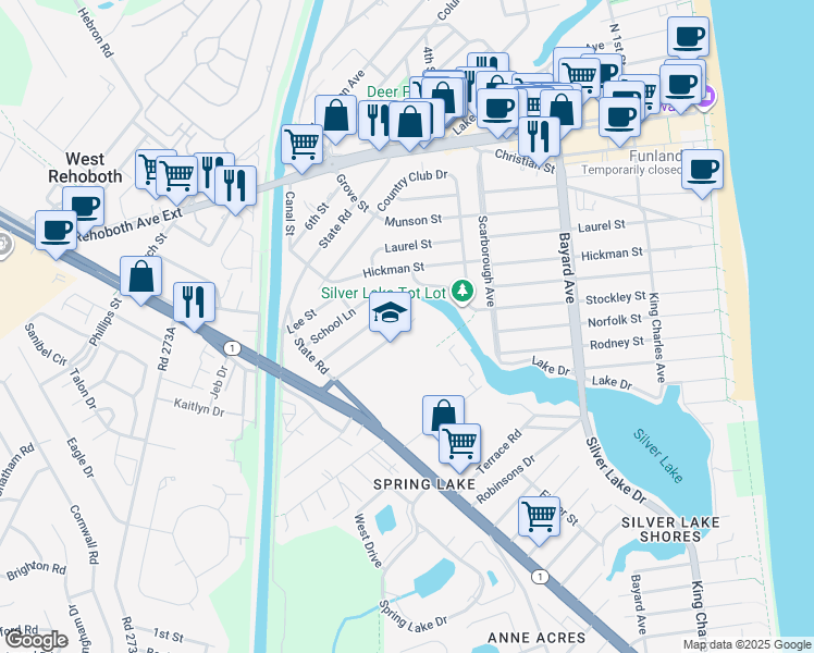 map of restaurants, bars, coffee shops, grocery stores, and more near 500 Stockley Street in Rehoboth Beach