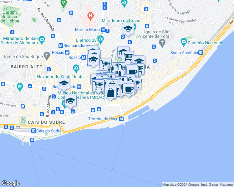 map of restaurants, bars, coffee shops, grocery stores, and more near Largo de Santo António da Sé in Lisboa