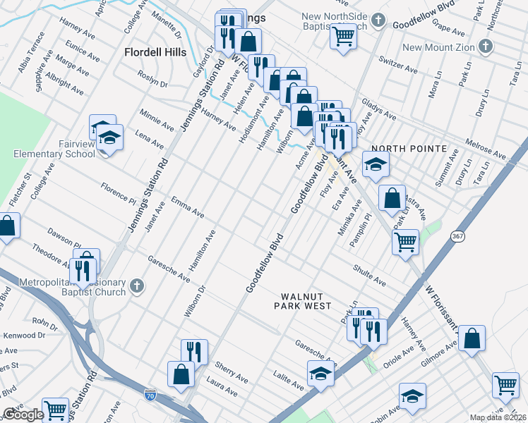 map of restaurants, bars, coffee shops, grocery stores, and more near 6355 Lena Avenue in Jennings