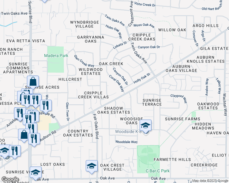 map of restaurants, bars, coffee shops, grocery stores, and more near 8145 Forest Oak Way in Citrus Heights
