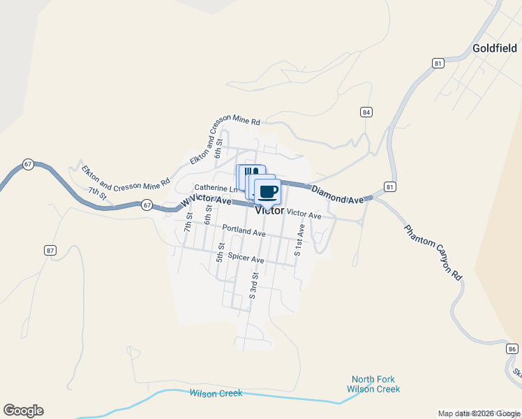 map of restaurants, bars, coffee shops, grocery stores, and more near 321 Victor Avenue in Victor
