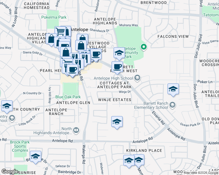 map of restaurants, bars, coffee shops, grocery stores, and more near 7842 Cottage Grove Way in Antelope