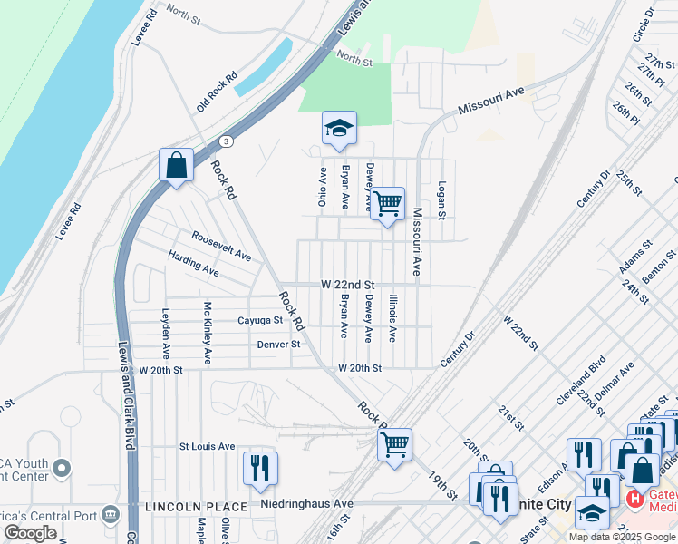 map of restaurants, bars, coffee shops, grocery stores, and more near 2222 Bryan Avenue in Granite City