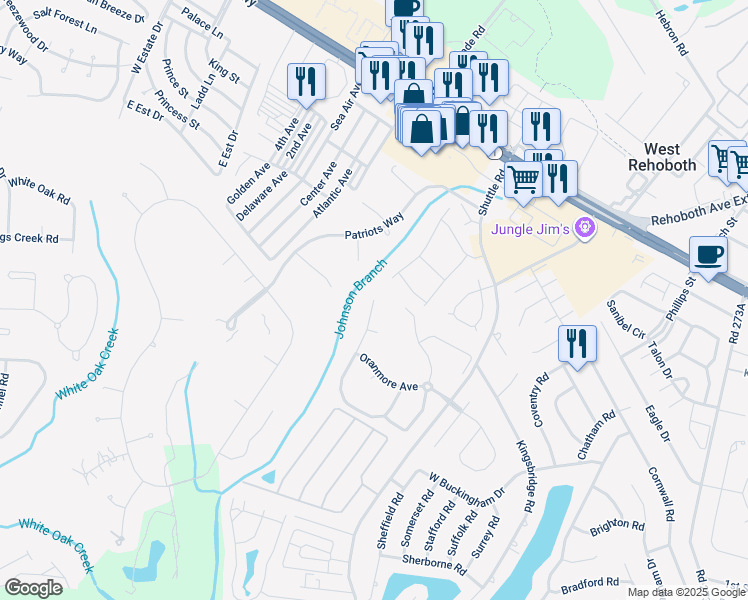 map of restaurants, bars, coffee shops, grocery stores, and more near 62 Kenmare Way in Rehoboth Beach