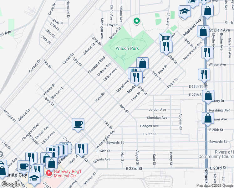 map of restaurants, bars, coffee shops, grocery stores, and more near 2615 Grand Avenue in Granite City
