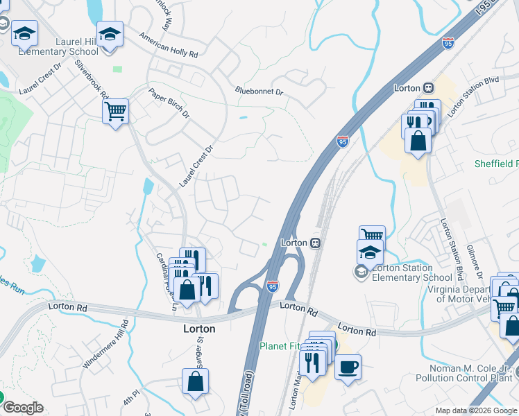 map of restaurants, bars, coffee shops, grocery stores, and more near 8141 McCauley Way in Lorton
