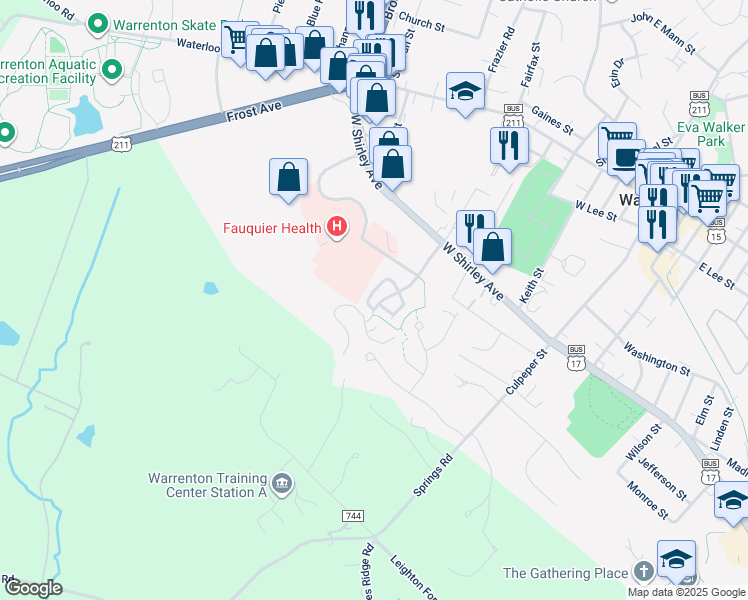 map of restaurants, bars, coffee shops, grocery stores, and more near 38 Sire Way in Warrenton