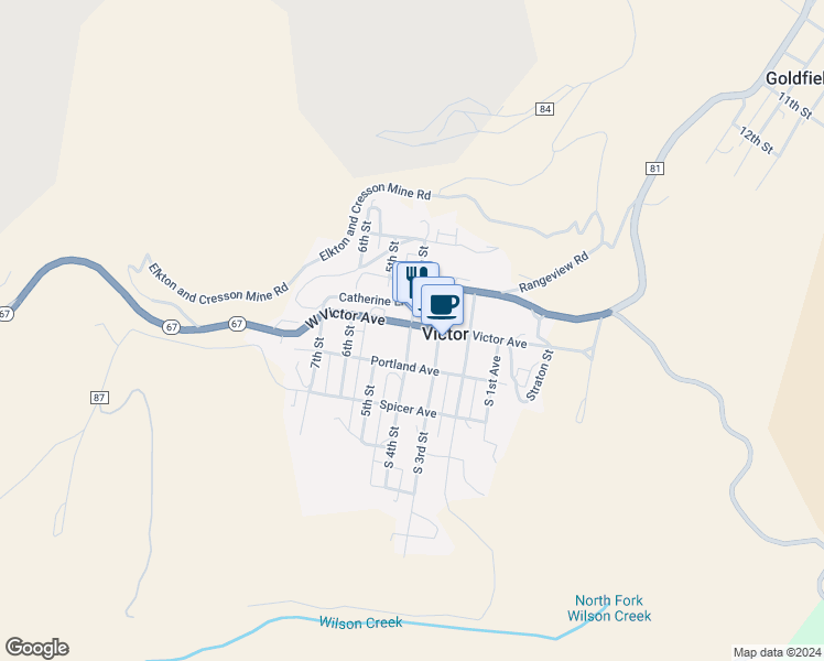map of restaurants, bars, coffee shops, grocery stores, and more near 102 4th Street in Victor