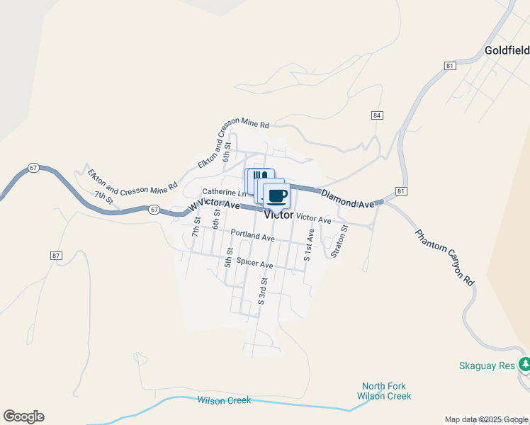 map of restaurants, bars, coffee shops, grocery stores, and more near 102 4th Street in Victor