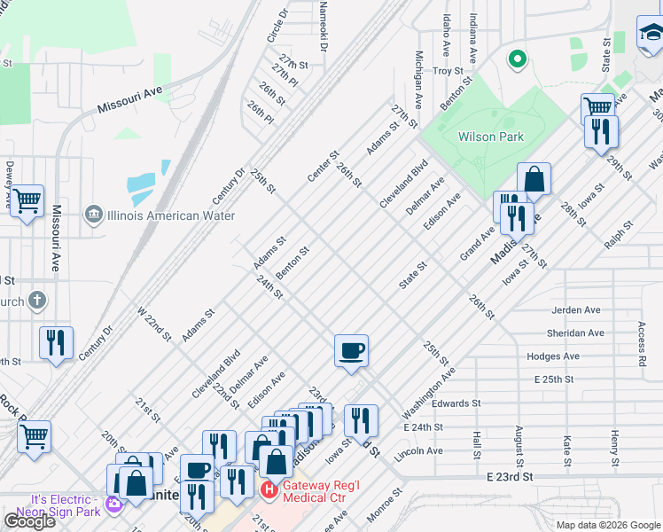map of restaurants, bars, coffee shops, grocery stores, and more near 2455 Cleveland Boulevard in Granite City