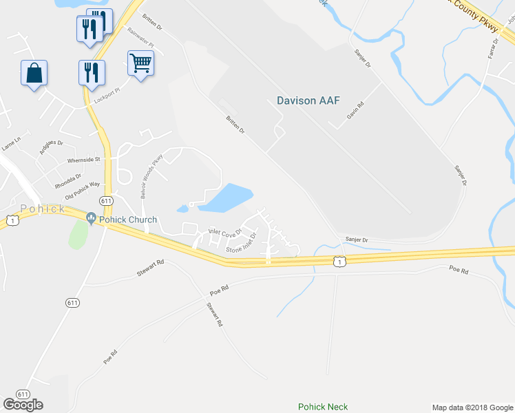 map of restaurants, bars, coffee shops, grocery stores, and more near 6910 Inlet Cove Drive in Fort Belvoir