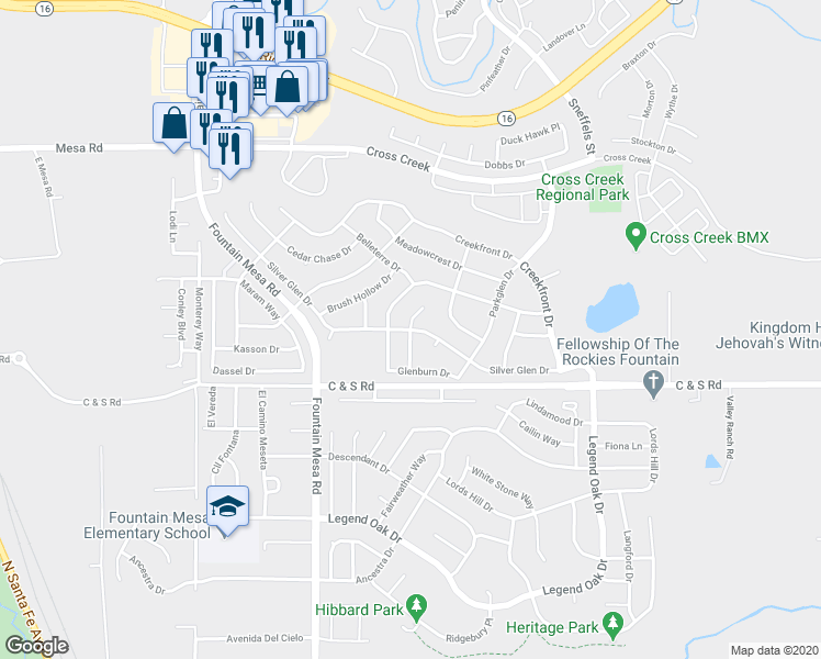 map of restaurants, bars, coffee shops, grocery stores, and more near 8439 Shadow Run Lane in Fountain