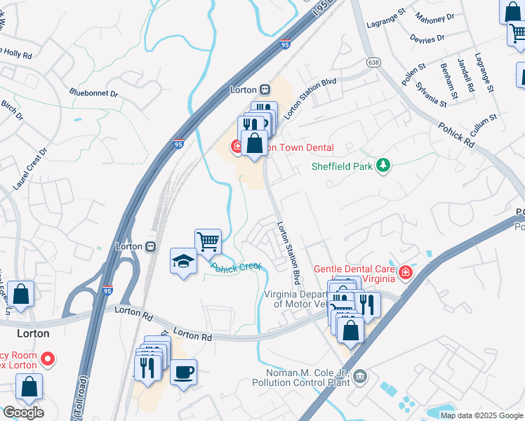 map of restaurants, bars, coffee shops, grocery stores, and more near 9050 Lorton Station Boulevard in Lorton