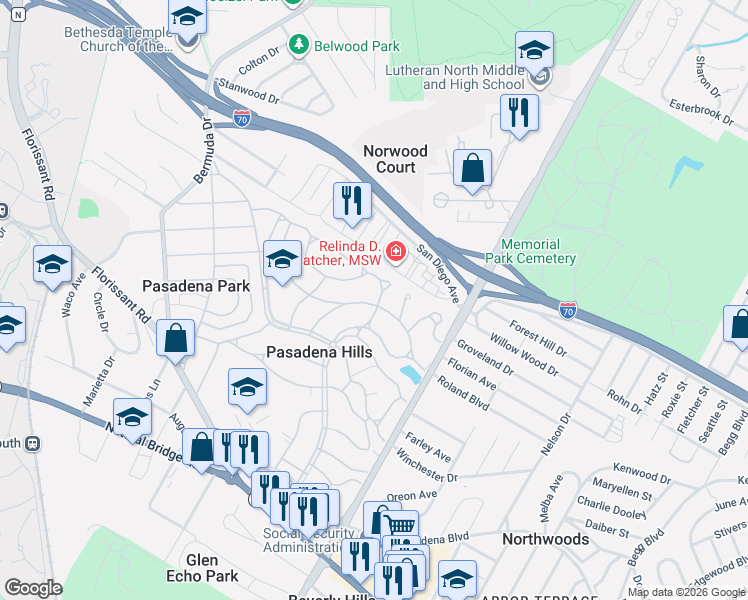 map of restaurants, bars, coffee shops, grocery stores, and more near 7336 Woodland Way in St. Louis
