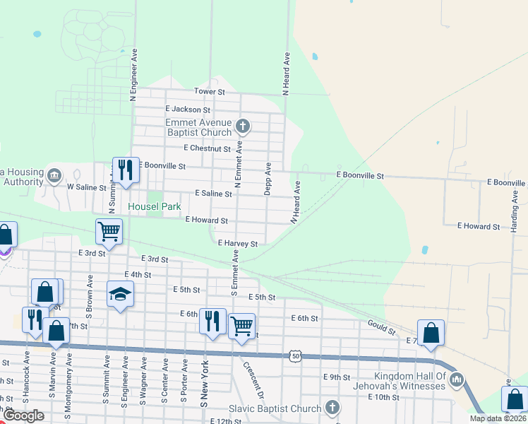 map of restaurants, bars, coffee shops, grocery stores, and more near 400-498 East Saline Street in Sedalia