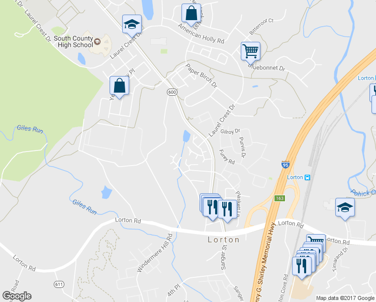 map of restaurants, bars, coffee shops, grocery stores, and more near 9138 Silvershadow Court in Lorton