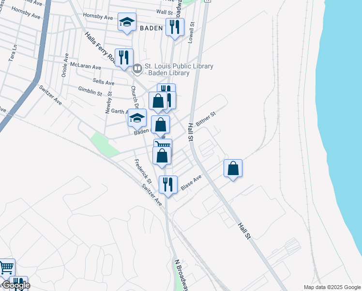 map of restaurants, bars, coffee shops, grocery stores, and more near 725 Thrush Avenue in St. Louis