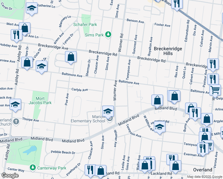 map of restaurants, bars, coffee shops, grocery stores, and more near 2845 Wismer Avenue in Overland