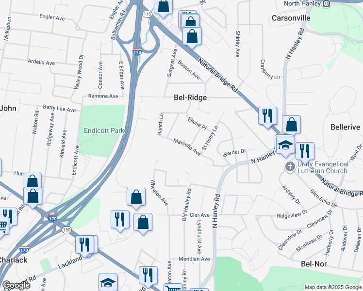 map of restaurants, bars, coffee shops, grocery stores, and more near 8914 Marcella Avenue in St. Louis
