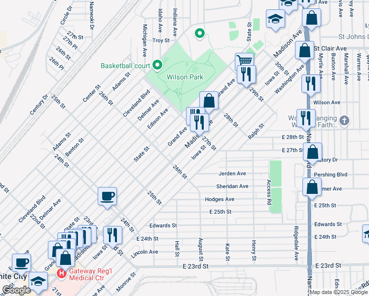 map of restaurants, bars, coffee shops, grocery stores, and more near 2623 Madison Avenue in Granite City