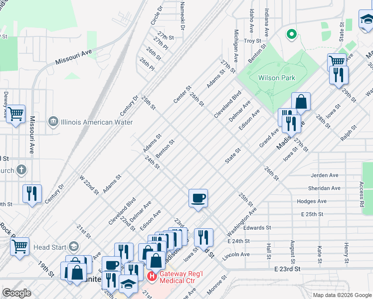 map of restaurants, bars, coffee shops, grocery stores, and more near 2450 Cleveland Boulevard in Granite City