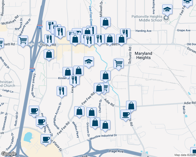 map of restaurants, bars, coffee shops, grocery stores, and more near 11911 Adie Road in Maryland Heights