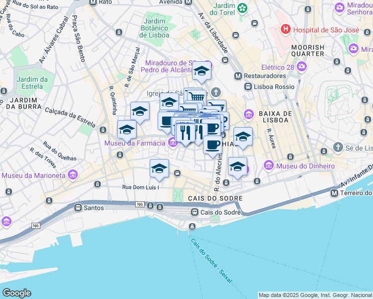 map of restaurants, bars, coffee shops, grocery stores, and more near 42 Rua da Bica de Duarte Belo in Lisbon