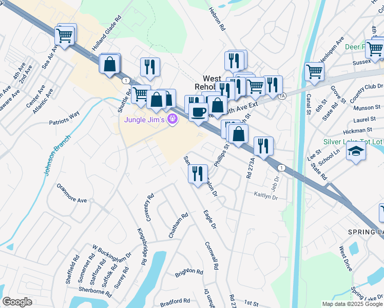map of restaurants, bars, coffee shops, grocery stores, and more near 3600 Sanibel Circle in Rehoboth Beach