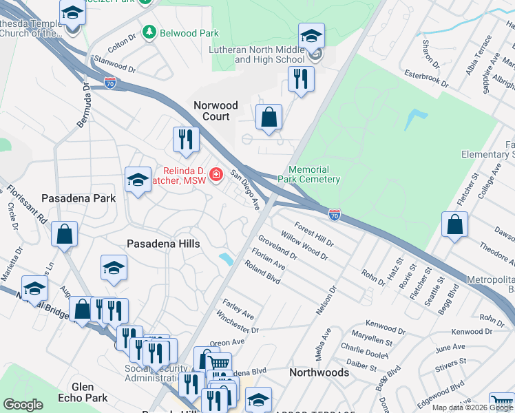 map of restaurants, bars, coffee shops, grocery stores, and more near 4625 San Diego Avenue in St. Louis