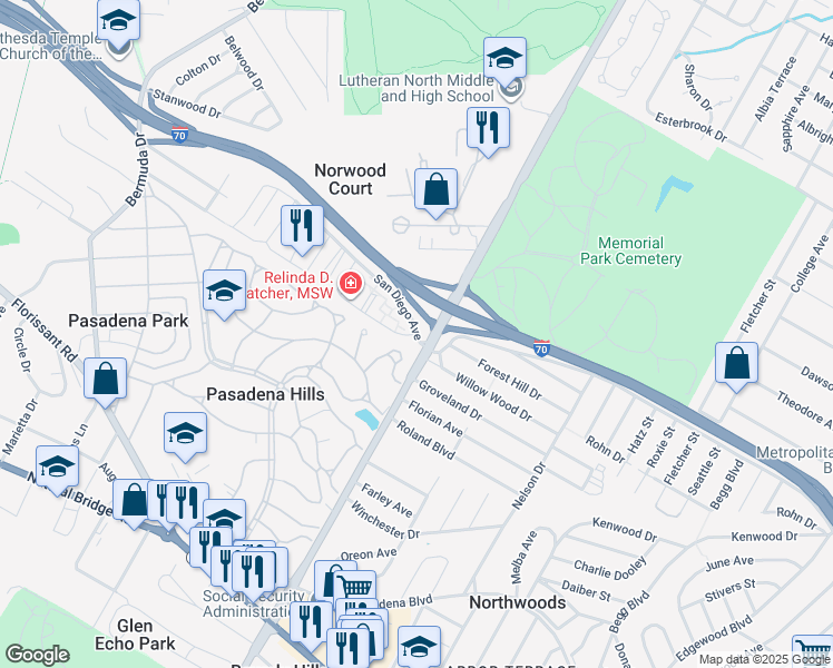 map of restaurants, bars, coffee shops, grocery stores, and more near 4625 San Diego Avenue in St. Louis