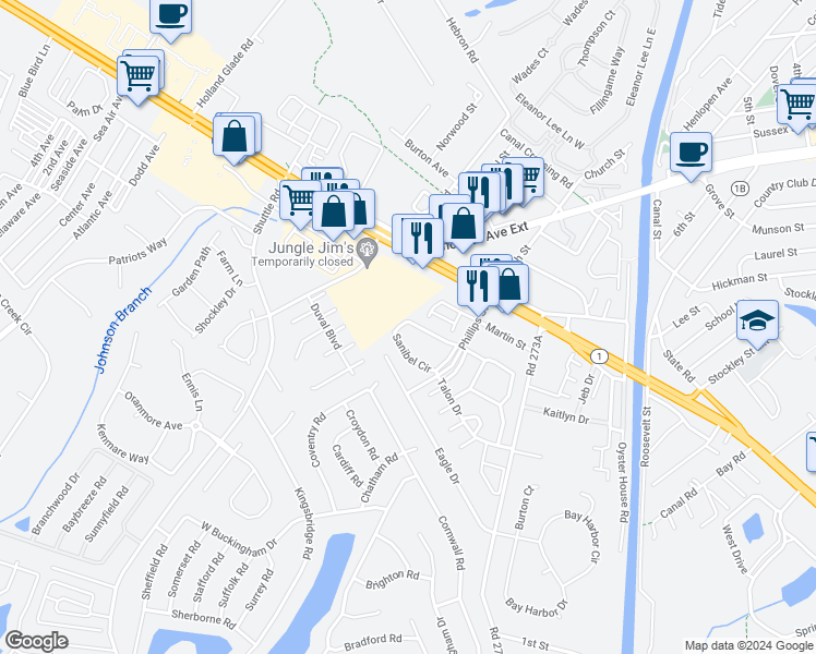 map of restaurants, bars, coffee shops, grocery stores, and more near 3600 Sanibel Circle in Rehoboth Beach