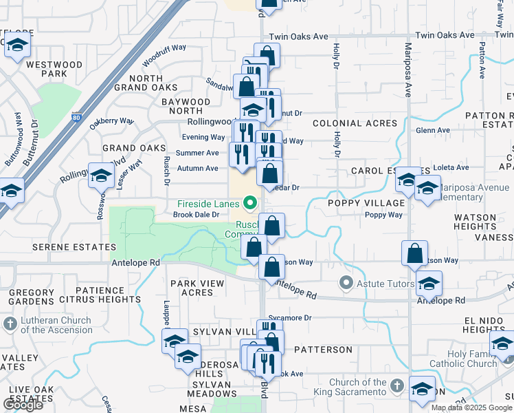 map of restaurants, bars, coffee shops, grocery stores, and more near 7901 Auburn Boulevard in Citrus Heights